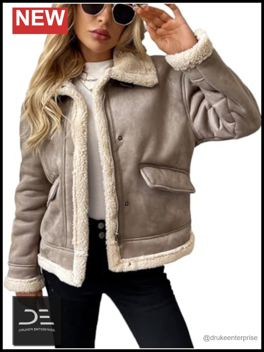 Faux Leather Jacket Patchwork Fur Coat Moto Biker Zipper Sherpa Shacket